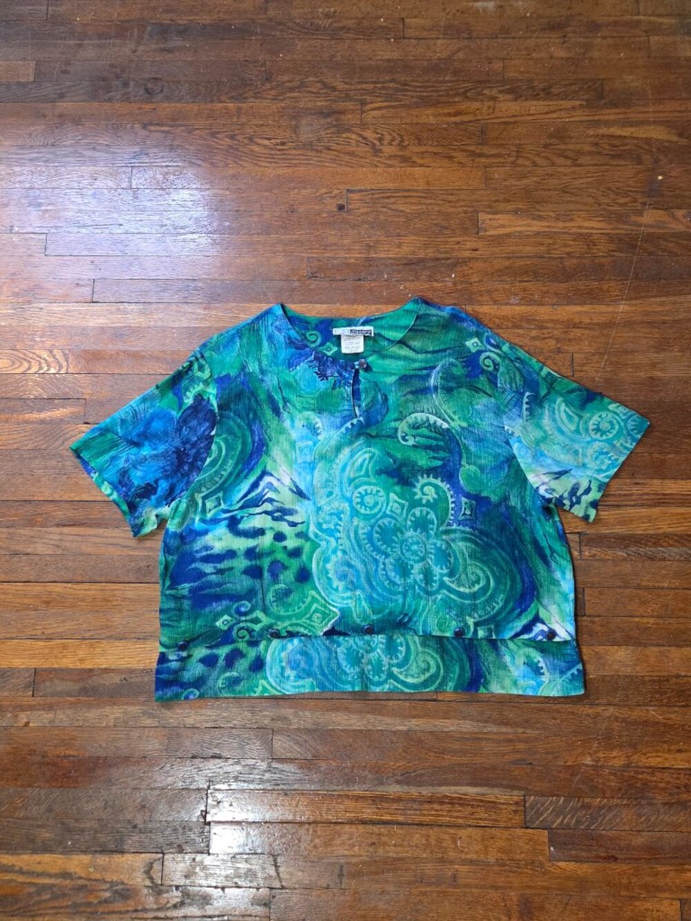 C.M. Shapes Vintage 80s Green And Blue Paisley Watercolor Tee